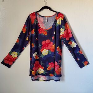 Lularoe Womens T-Shirt Elizabeth Tunic Top Blue Floral Long Sleeve Scoop XL